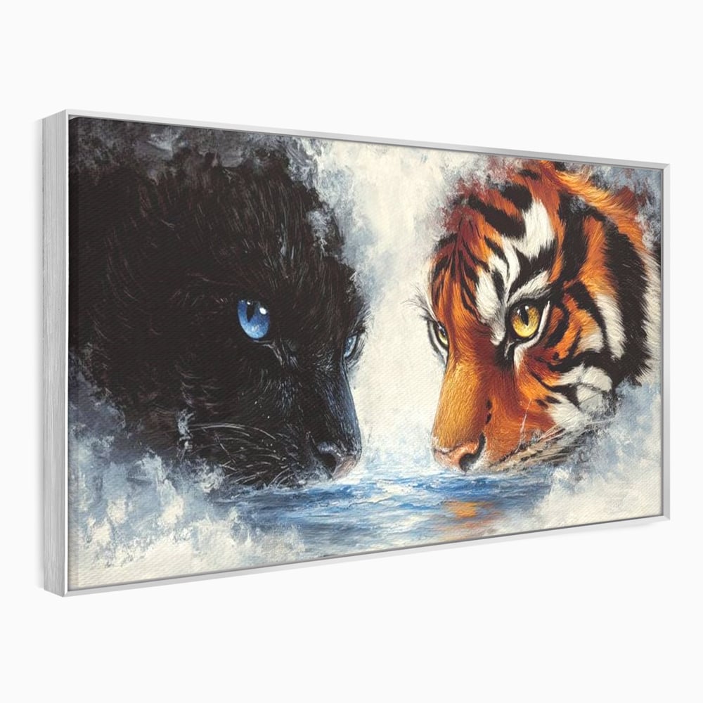 Tablou canvas cu tablou canvas cu pantera si tigru, in rama de aluminiu argintiu